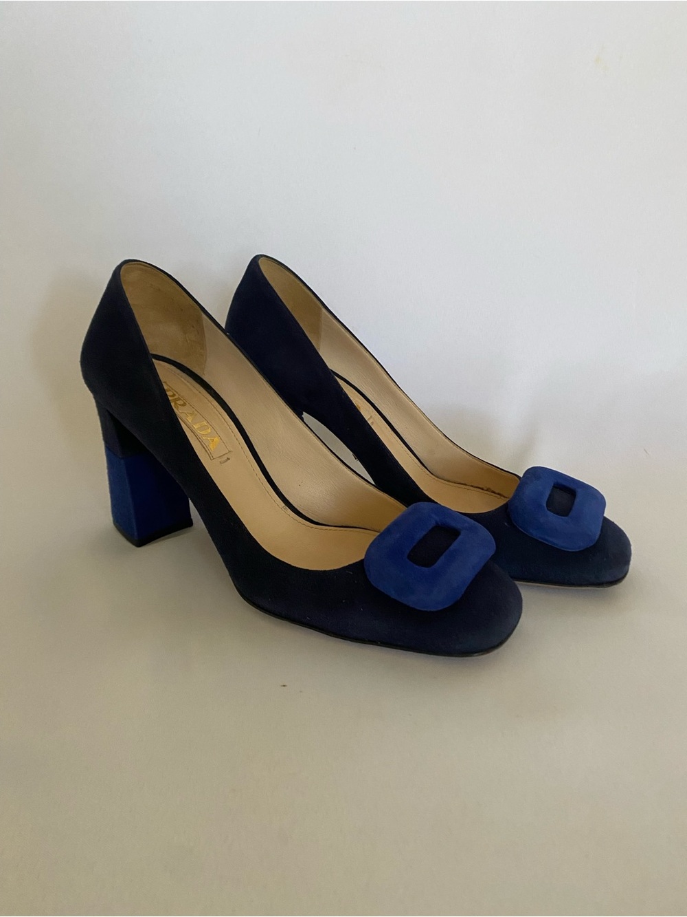 Prada Blue Suede Block Toe Pumps Heels Sz 36